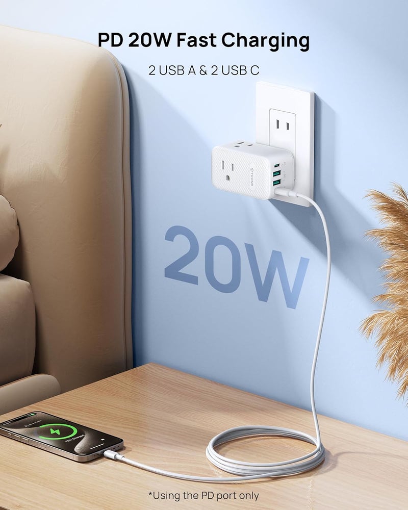 TROND 2 Prong to 3 Prong Outlet Adapter with 360 Rotating Plug, 3 AC Power Splitter with 2 USB C PD20W, Travel Plug Adapter for US to Japan, Wall Outlet Extender for Old House Travel Essentials - Image 4